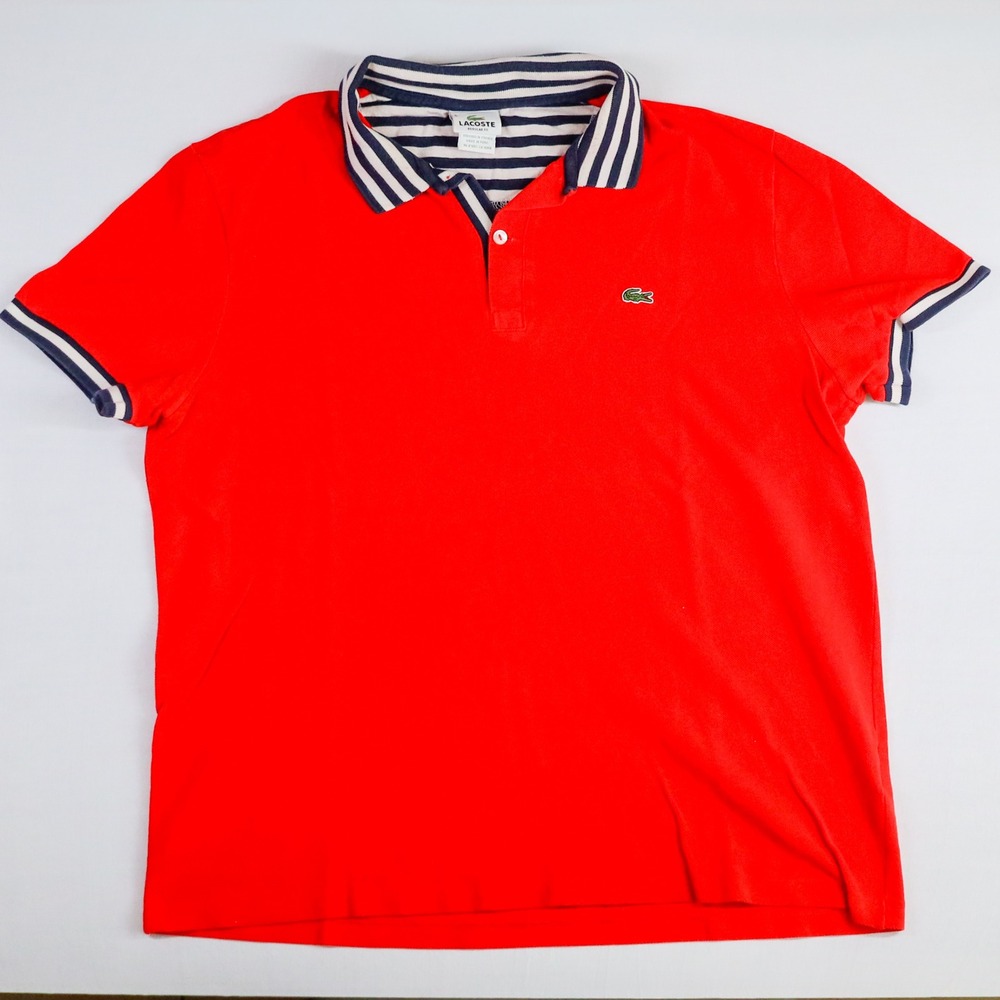 Lacoste Polo Shirt Mens 6 XL Red Regular Fit Nautical Stripe Collar Pique Cotton - Picture 2 of 11